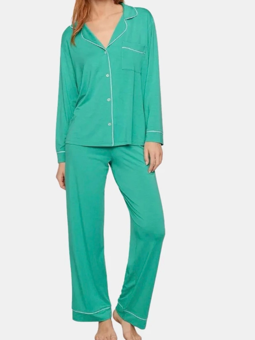Eberjey Turquoise Green Long-Sleeve Pajama Set with Contrast Piping